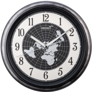Seiko  Black & Grey World Map Wall Clock QXA825S சீகோ கருப்பு & சாம்பல் உலக வரைபட சுவர் கடிகாரம் QXA825S
